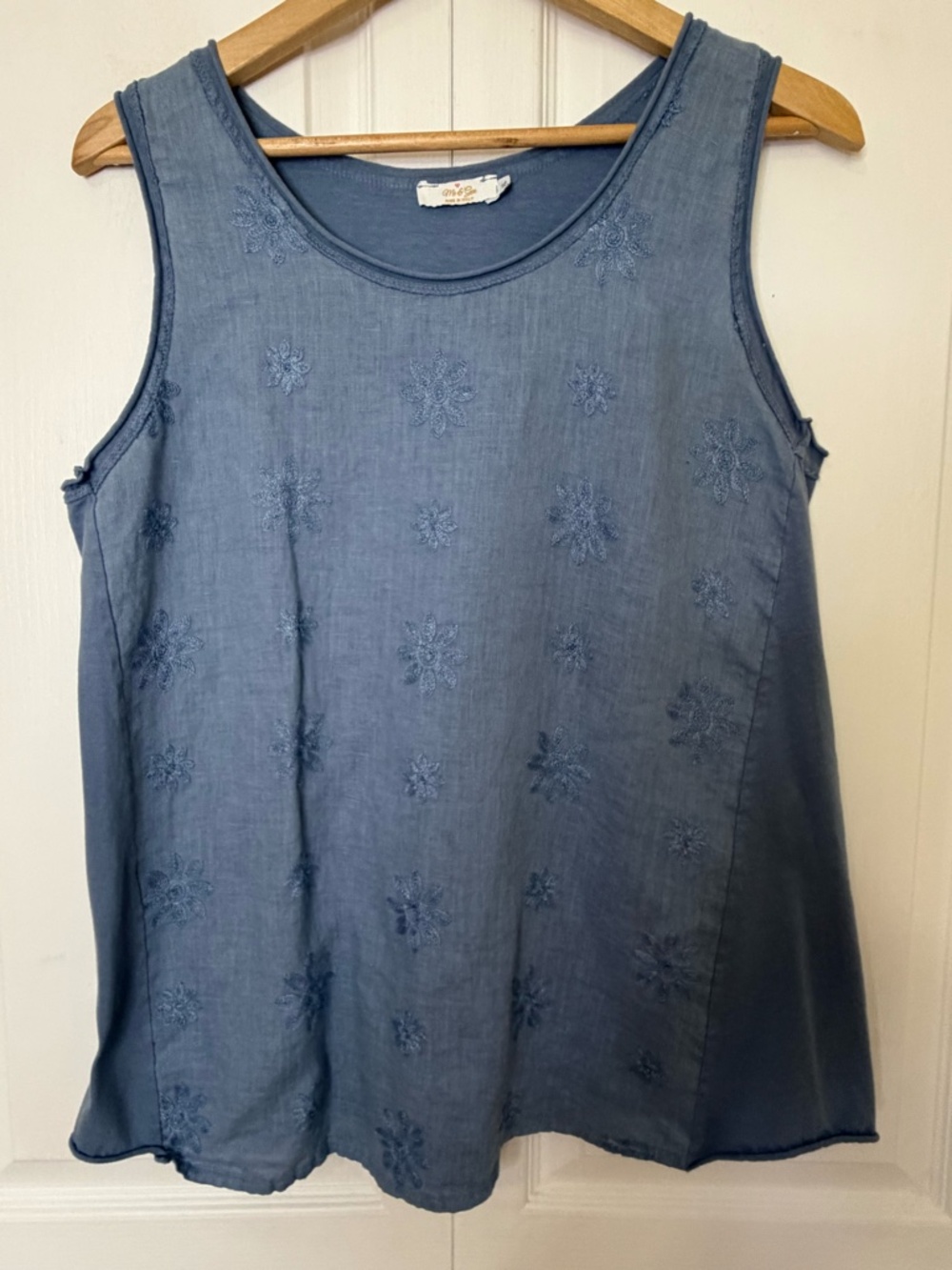 Italian Linen Cotton Blend Blue Floral Embroidery Boho Sleeveless Top-Sz-XL - Picture 2 of 16